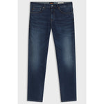 Pair of dark blue jeans on a white background