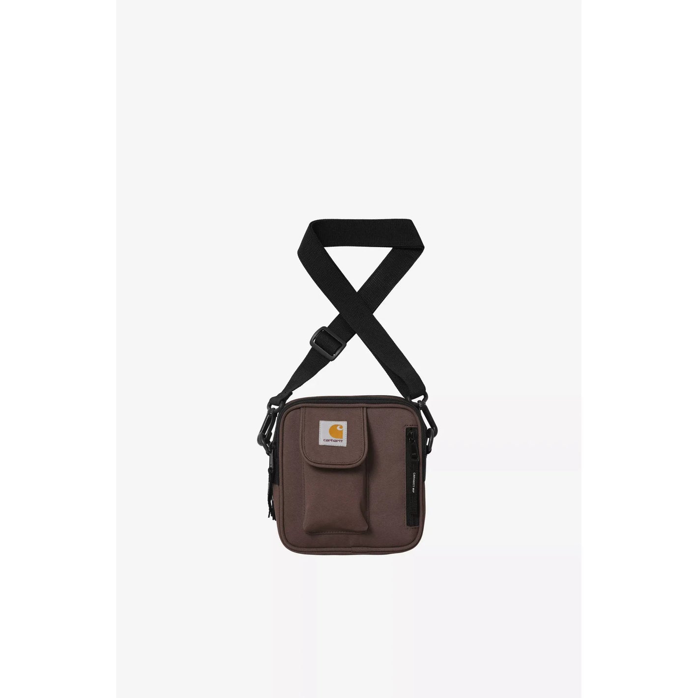 Brown crossbody bag with a black strap on a white background