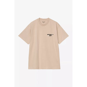 Beige t-shirt with a logo on a white background