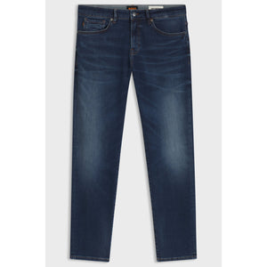 Pair of dark blue jeans on a white background