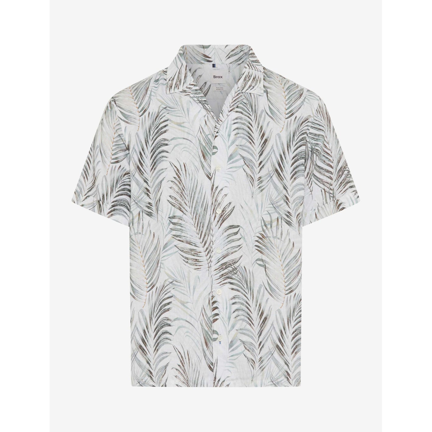 Short-sleeve shirt with palm leaf pattern on a white background