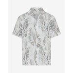 Short-sleeve shirt with palm leaf pattern on a white background