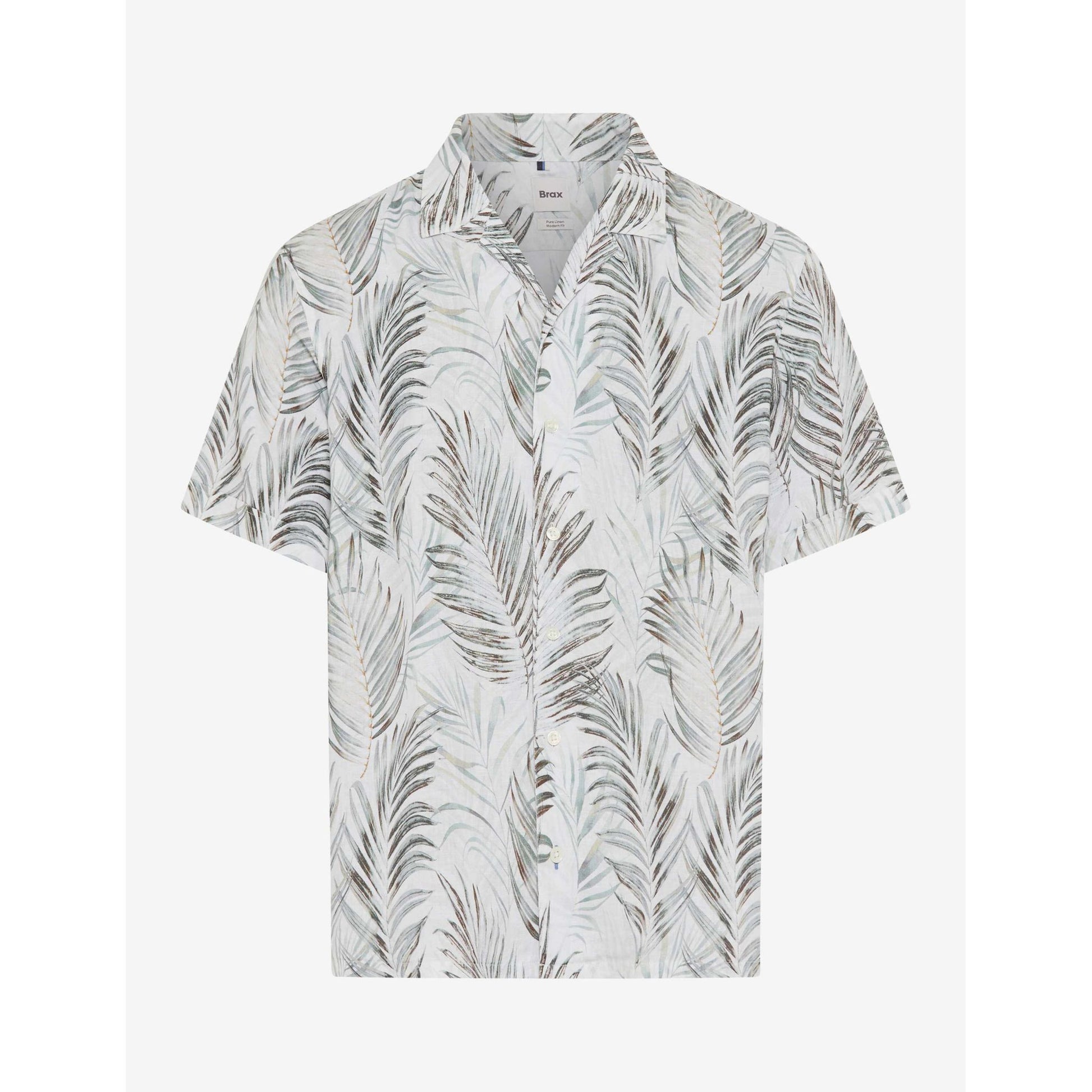 Short-sleeve shirt with palm leaf pattern on a white background