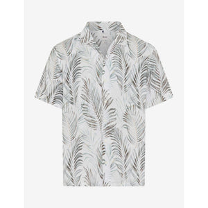 Short-sleeve shirt with palm leaf pattern on a white background