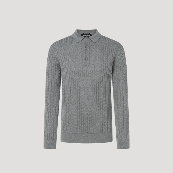 A light gray ribbed knit polo sweater with a three-button placket, displayed on a neutral light gray background.