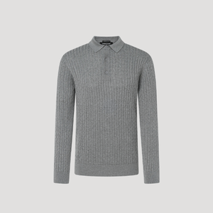 A light gray ribbed knit polo sweater with a three-button placket, displayed on a neutral light gray background.