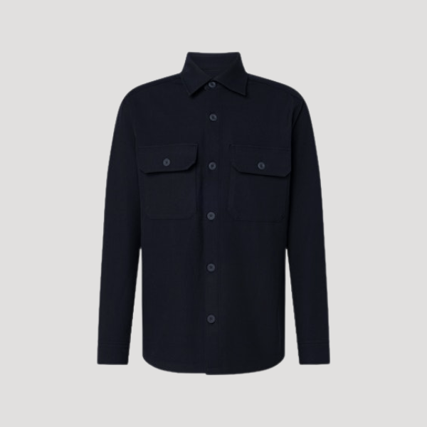 A dark navy blue long-sleeve button-up shirt with two flap chest pockets, displayed on a neutral light gray background.