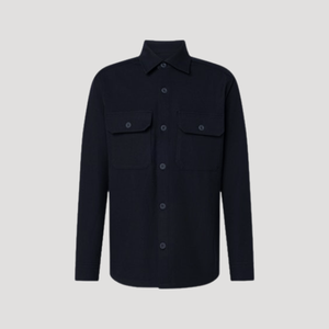 A dark navy blue long-sleeve button-up shirt with two flap chest pockets, displayed on a neutral light gray background.