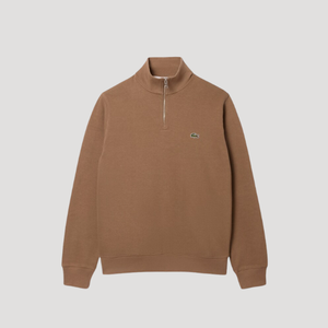 A brown quarter-zip sweatshirt with a small embroidered Lacoste crocodile logo on the left chest, displayed on a neutral light gray background.